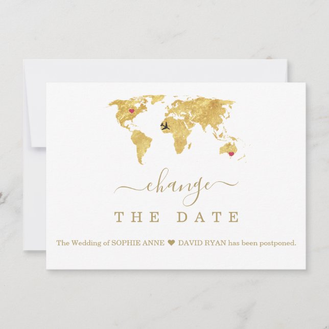 Save The Date Destination Gold World Map Mariage Modifier La Dat (Devant)
