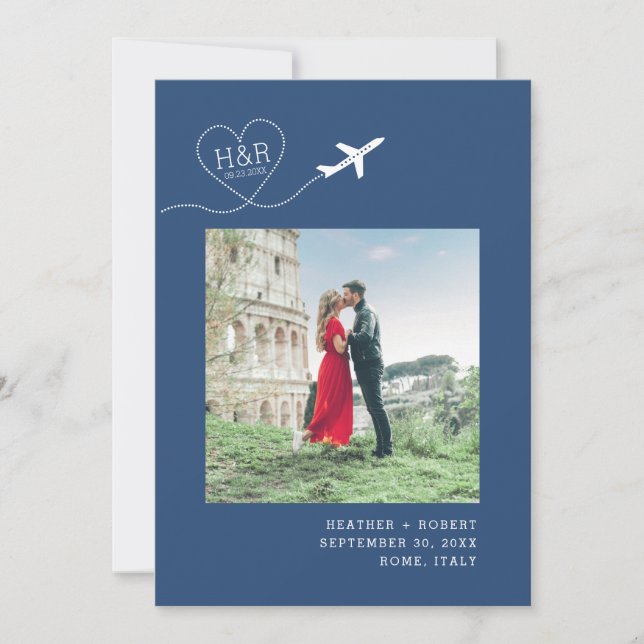Save The Date Destination Mariage bleu avion Monogramme photo (Devant)