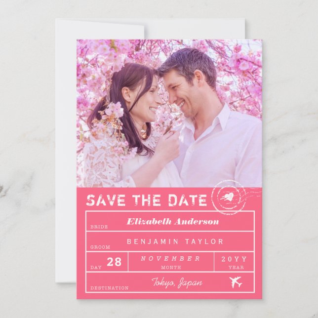 Save The Date Destination Mariage Fuchsia Pink Bagage balise pho (Devant)