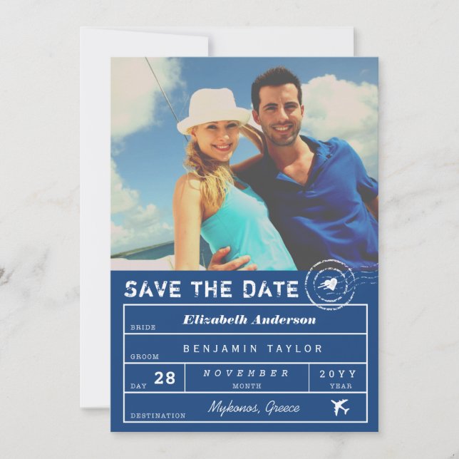 Save The Date Destination Mariage Marine Bleu Bagage Balise Phot (Devant)