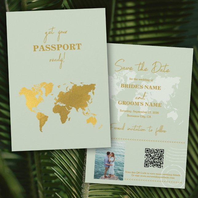 Save The Date Destination Mariage Monde Passport Sage Vert Or (Destination Wedding World Passport Sage Green Gold Save The Date)
