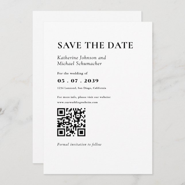 Save The Date Détails élégants et simples et Mariage de code QR (Devant / Derrière)