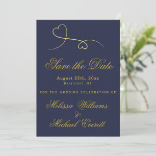 Save the date Deux Coeurs d'or Mariage bleu mari