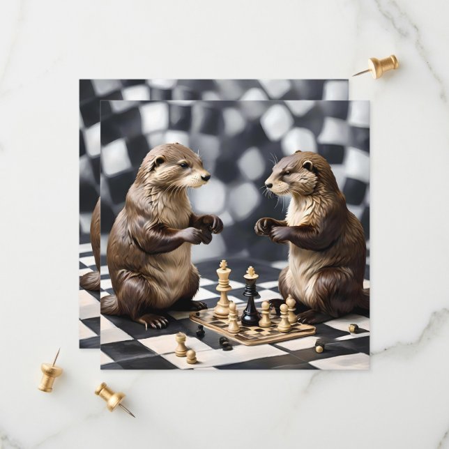 Save The Date Deux Otters Jouant Aux Échecs, (Devant/Arrière en situation)