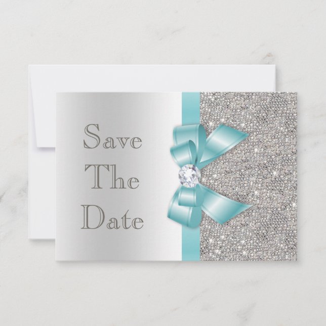 Save The Date Diamants Bow turquoises Argent Enregistrer Le Baby (Devant)