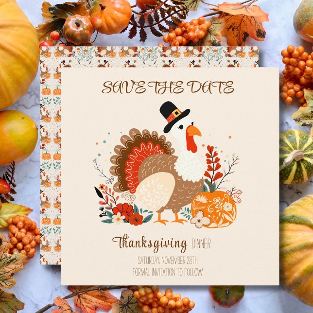 Save The Date Dinde de Thanksgiving avec citrouilles et feuilles (Créateur téléchargé)