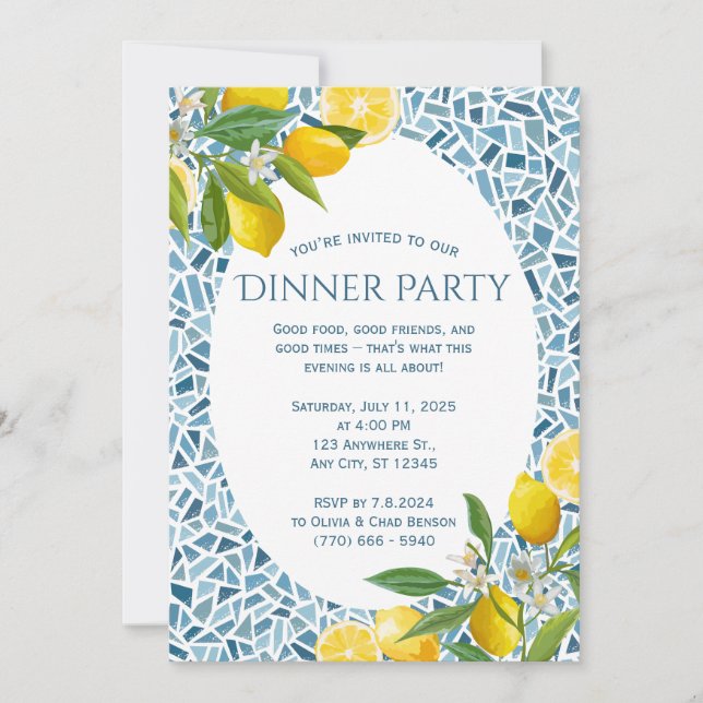 Save The Date Dîner Méditerranéen Bleu Mosaïque Carrelage (Devant)
