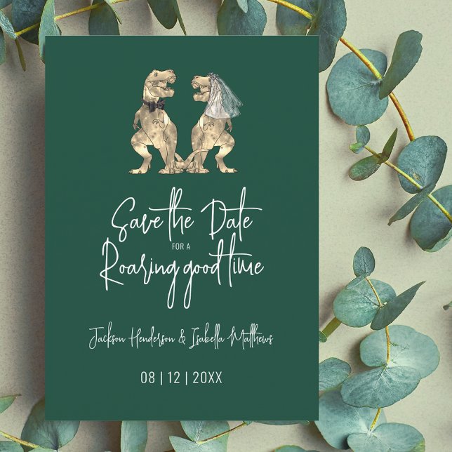 Save The Date Dinosaur Mariage Funny T-Rex mariée et mariée (Dinosaur T-Rex bride and groom watercolor dino wedding save the date dark green invitation)