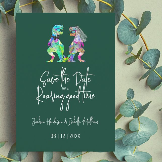 Save The Date Dinosaur Mariage Funny T-Rex mariée et mariée (Dinosaur bride and groom colorful watercolor dino wedding save the date dark green invitation)