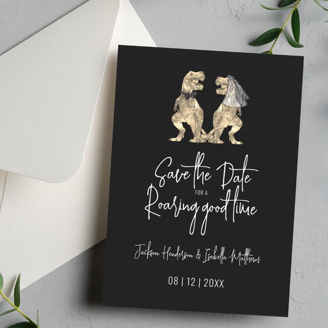 Save The Date Dinosaur Mariage noir et blanc (Funny Dinosaur theme wedding save the date black & white invitation modern script T-Rex dino couple)