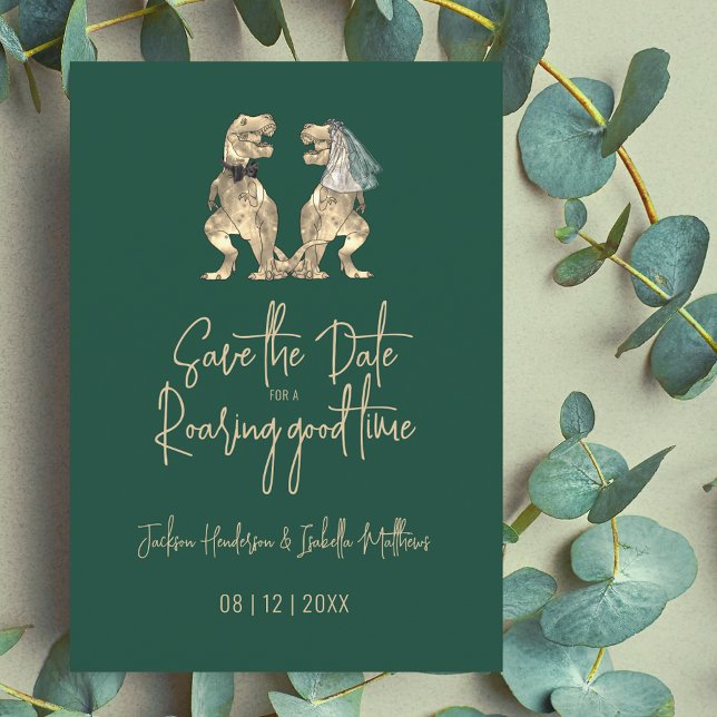 Save The Date Dinosaur mariée et Mariage de chambre (Funny Dinosaur wedding save the date invitation Modern trendy script T-Rex dino bride and groom )