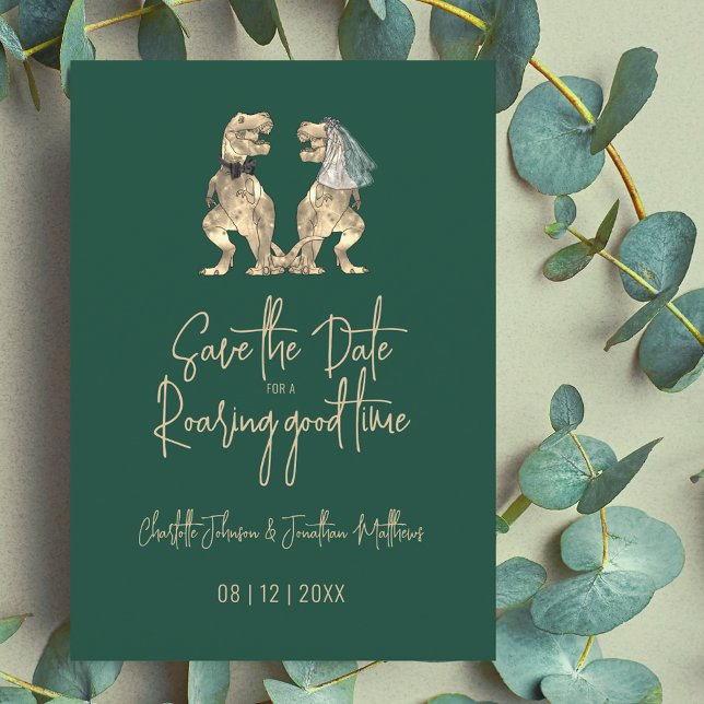 Save The Date Dinosaur mariée et Mariage de chambre (Funny Dinosaur wedding save the date invitation Fun T-Rex bride and groom elegant modern script )