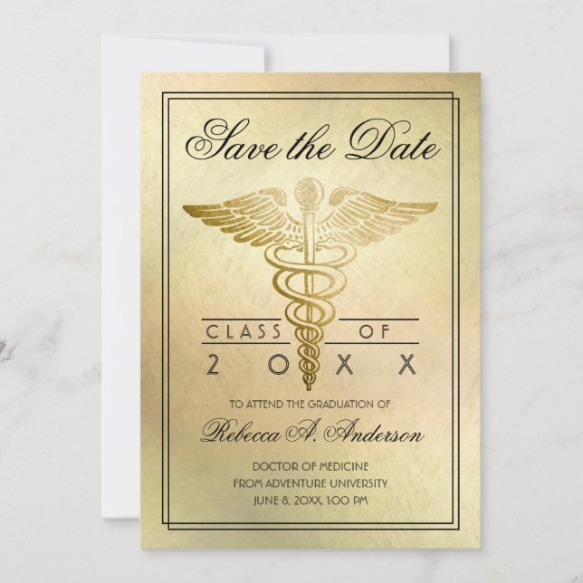 Save The Date Diplômé Docteur Caducée Or Élégant (Devant)
