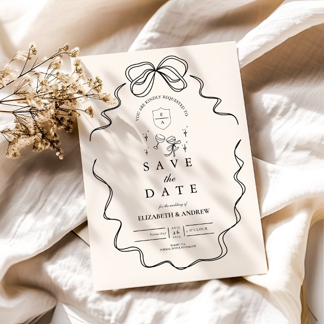 Save The Date Doodle Champagne Whimsical Bow Mariage (Créateur téléchargé)