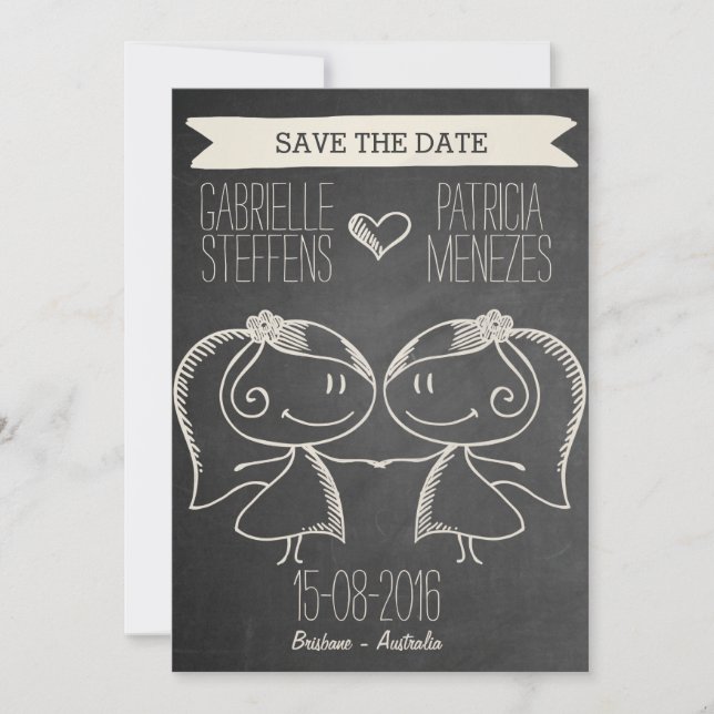 Save The Date Doodle Couple sur Blackboard Lesbian Enregistrer l (Devant)