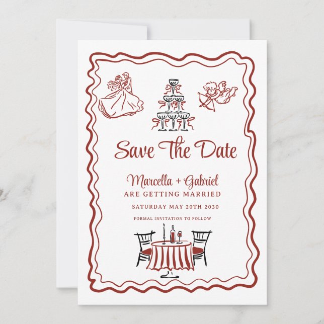 Save The Date Doodles Dessinés à la Main Mariage Italien Sauvega (Devant)