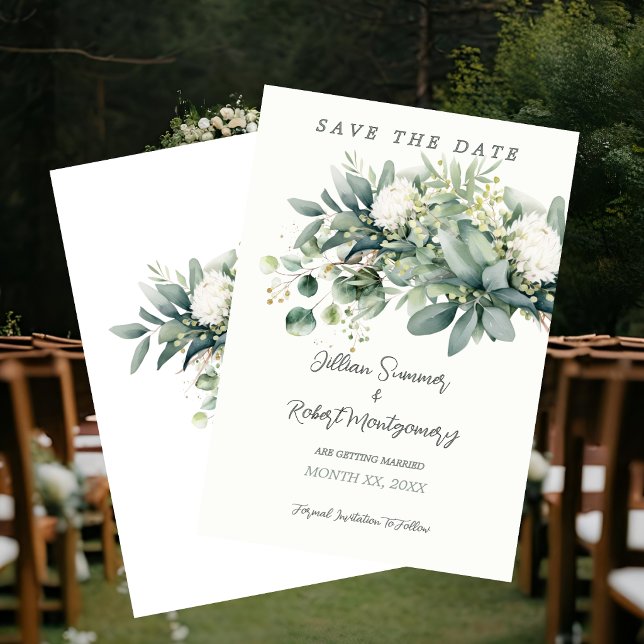 Save The Date Douce Mariage Floral Vert Pâle Accent Or  (Soft Floral Greenery Gold Accent Wedding Save The Date)