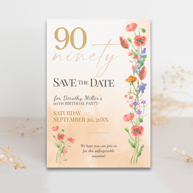 Save The Date Douce Wildflower 90e Anniversaire pour Elle - Élég (Créateur téléchargé)