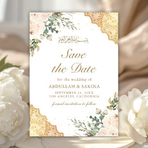 Save The Date Douces Roses Crème Dentelle Dorée Mariage Musulman