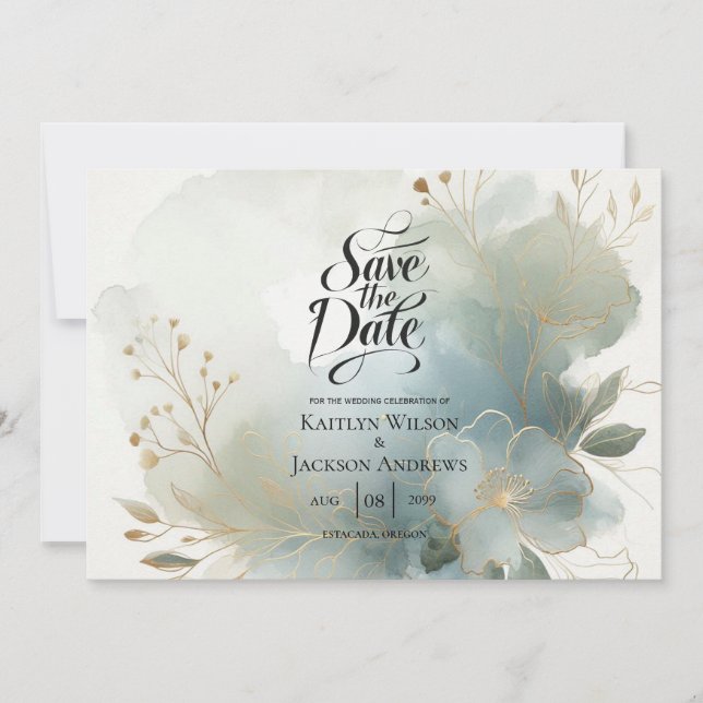 Save The Date Doux Golden Dusty Blue Romance Mariage (Devant)