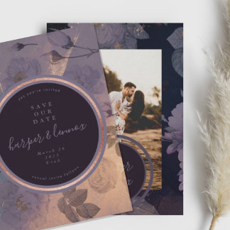 Save The Date Dramatique violet Floral Rose d'hiver Gold Photo