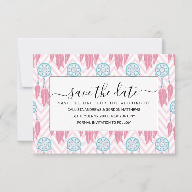 Save The Date Dreamcatcher Bohème Turquoise Pink perlé Chevron (Devant)