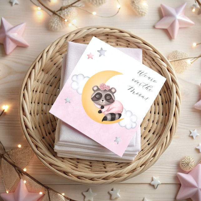 Save The Date Dreamy Over the Moon Raccoon Girl Baby shower (Dreamy Over the Moon Raccoon Girl Baby Shower Save The Date)