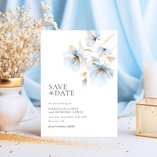 Save The Date Dreamy Pastel Blue et Gold Wild Flowers Mariage (Dreamy Pastel Blue and Gold Wild Flowers Wedding Save The Date)