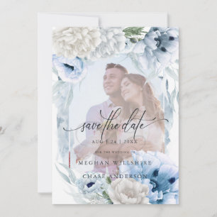 Save The Date Dreamy Photo Floral Aquarelle bleu Fleurs