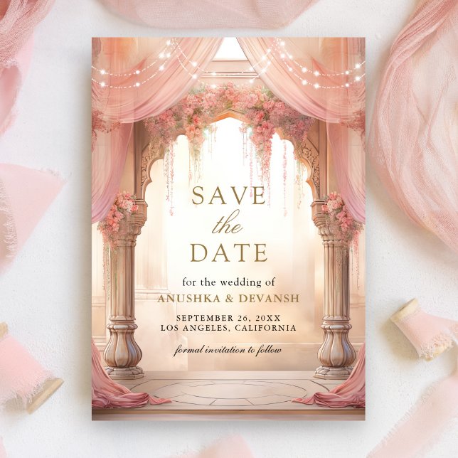 Save The Date Dreamy Pink Floral Indian Mandap Hindu Wedding (Créateur téléchargé)