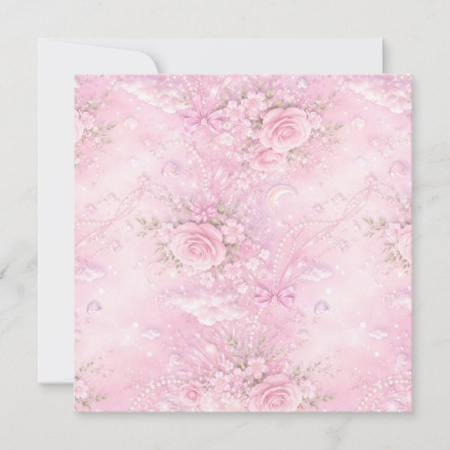 Save The Date Dreamy Pink Rose Floral Pearls Bows Sparkle Pastel (Devant)