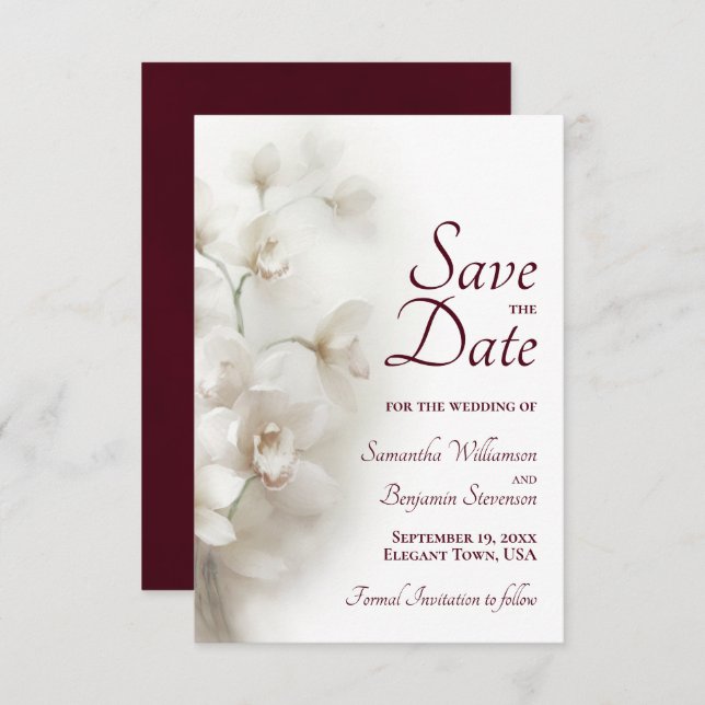 Save The Date Dreamy White Orchids Burgundy Text Mariage (Devant / Derrière)