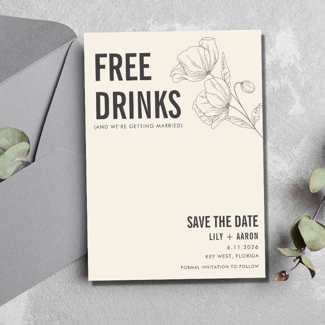 Save The Date Drôle boissons gratuites Floral Mariage photo (Funny Free Drinks Floral Photo Wedding Save The Date)