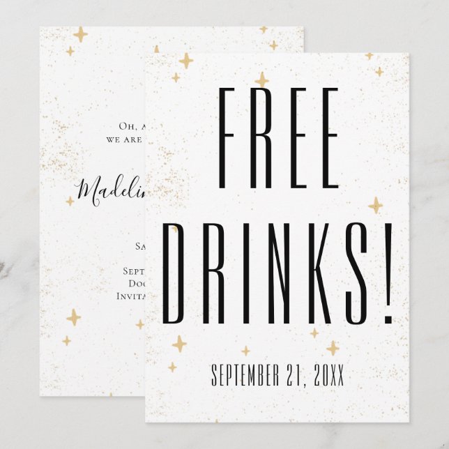 Save The Date Drôle boissons gratuites Gold Sparkle Mariage (Devant / Derrière)