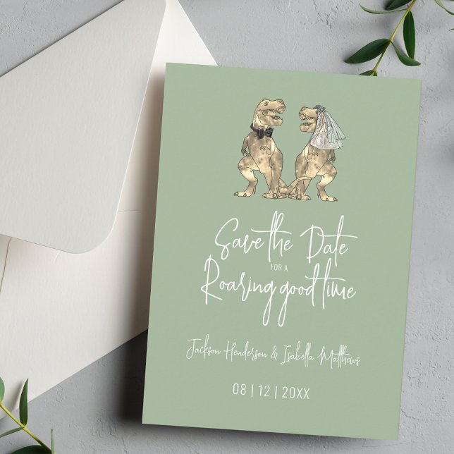 Save The Date Drôle Dinosaur Mariage Sage Green (Funny Dinosaur wedding save the date for a roaring good time quote sage green invitation )