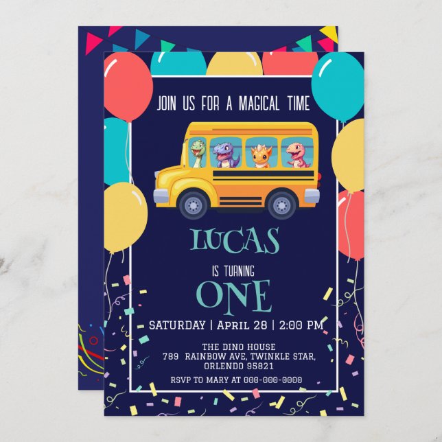 Save The Date Drôle dinosaure Retour à l'école Bus garçon Annive (Devant / Derrière)