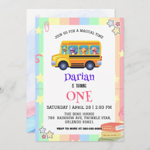 Save The Date Drôle dinosaure Retour À L'École Bus Rainbow Anniv