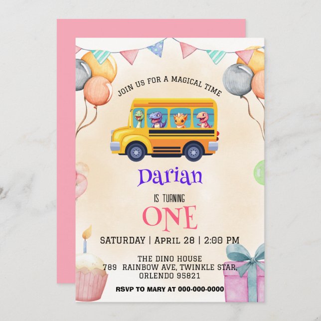 Save The Date Drôle dinosaure Retour à l'école Gâteau de bus Ann (Devant / Derrière)