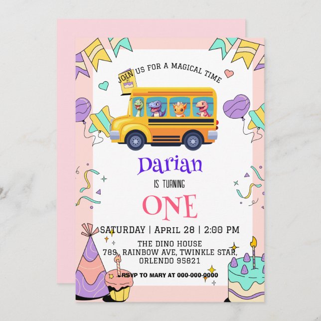 Save The Date Drôle dinosaure Retour à l'école Gâteau de bus Ann (Devant / Derrière)
