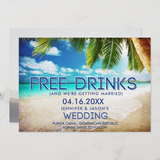 Save The Date Drôle Libre Boissons Plage Destination Mariage (Devant / Derrière)