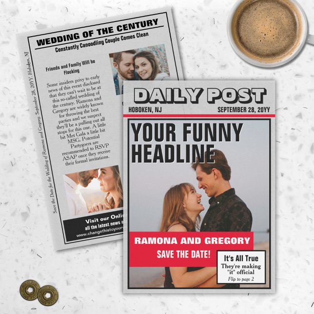 Save The Date Drôle Tabloïd Journal Mariage Enregistrer la date (Fun funny tabloid newspaper save the date)