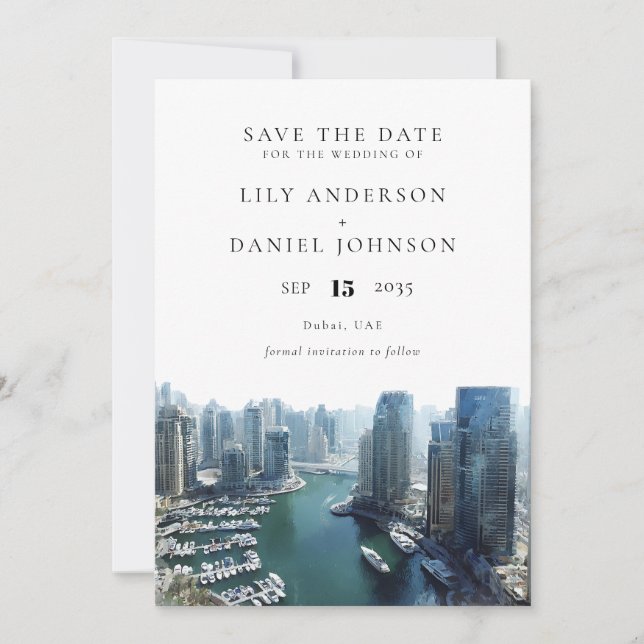 Save The Date Dubai Skyline Aquarelle Élégant Mariage (Devant)