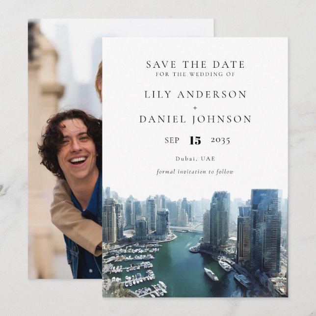 Save The Date Dubai Skyline Watercolor Photo Wedding (Devant / Derrière)
