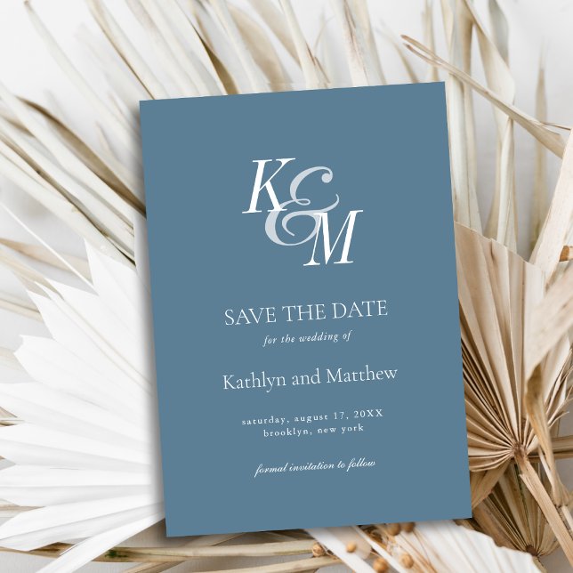 Save The Date Dusty Bleu élégant Mariage classique Monogramme (Créateur téléchargé)