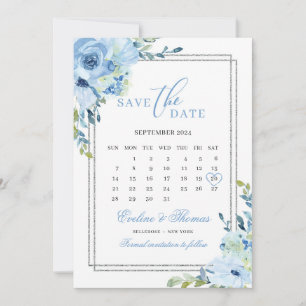 Save The Date Dusty bleu floral argent calendrier parties scinti