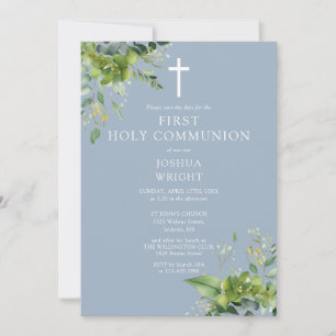 Save The Date Dusty Bleu Vert Monogramme Première Communion Sain