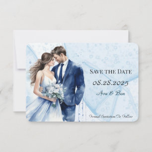 Save The Date Dusty Blue Alcohol Ink Bride & Groom