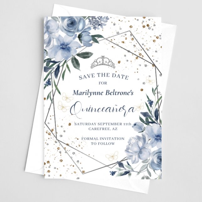 Save The Date Dusty Blue Argent Quinceañera (Créateur téléchargé)