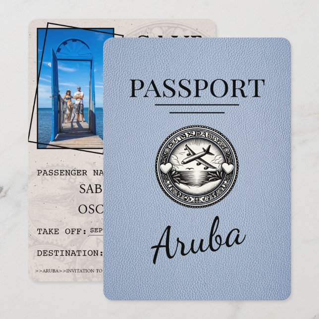 Save The Date Dusty Blue Aruba Passeport Enregistrer La Date (Devant / Derrière)