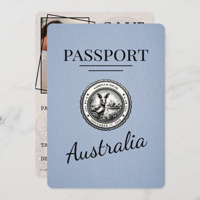 Save The Date Dusty Blue Australia Passport Enregistrer La Date (Devant / Derrière)